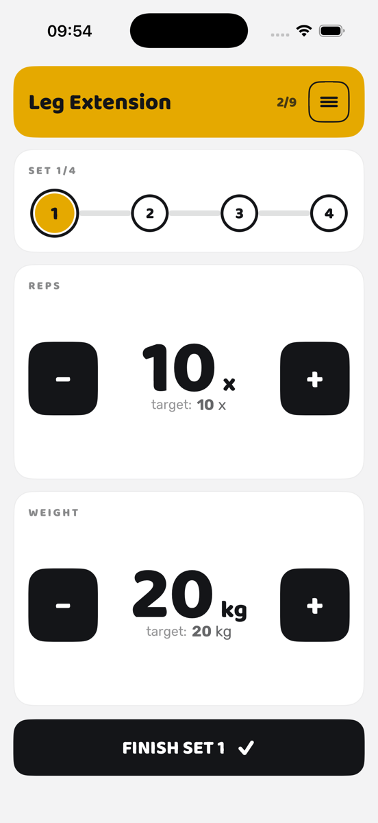Vorbild — Leg Extension, exercise 2 of 9, set 1 of 4 — 20 kg, target 10 reps